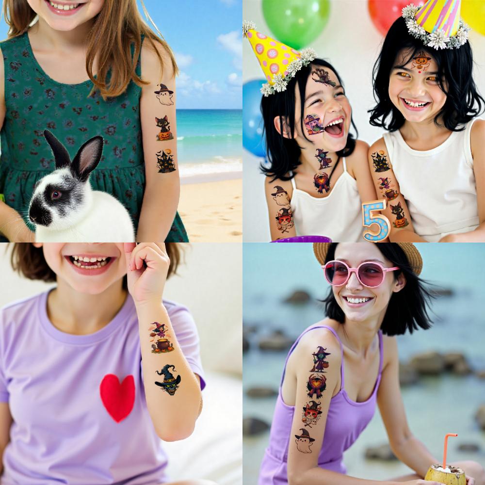 54pcs Temporary Tattoo Skull Stickers Cartoon Cat Stickers Pumpkin Stickers For Cheeks