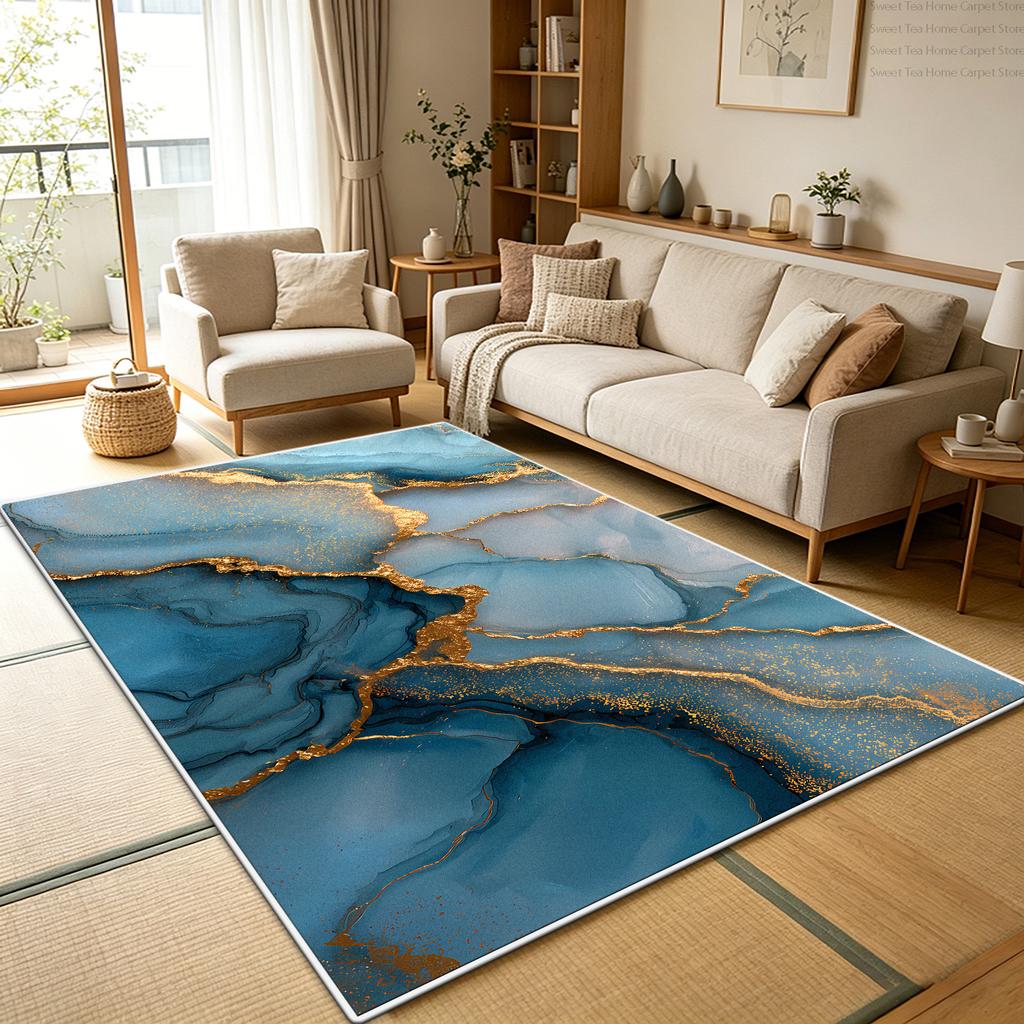 Luxury Blue Gold Marble Living Room Sofa Rug Decoration Bedroom Washable Soft Fluffy Floor Mats Kitchen Non-slip Large Carpet
