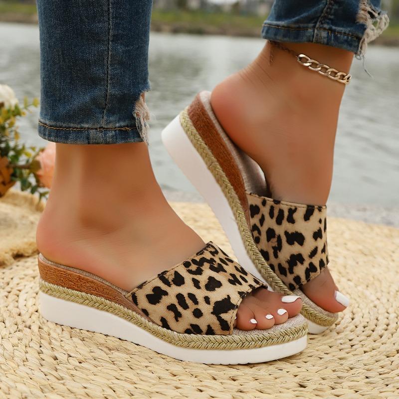 Large Size Slope Heel Cool Slippers Women's Summer New Fashion Leopard Print Muffin Thick Bottom Women's Slippers