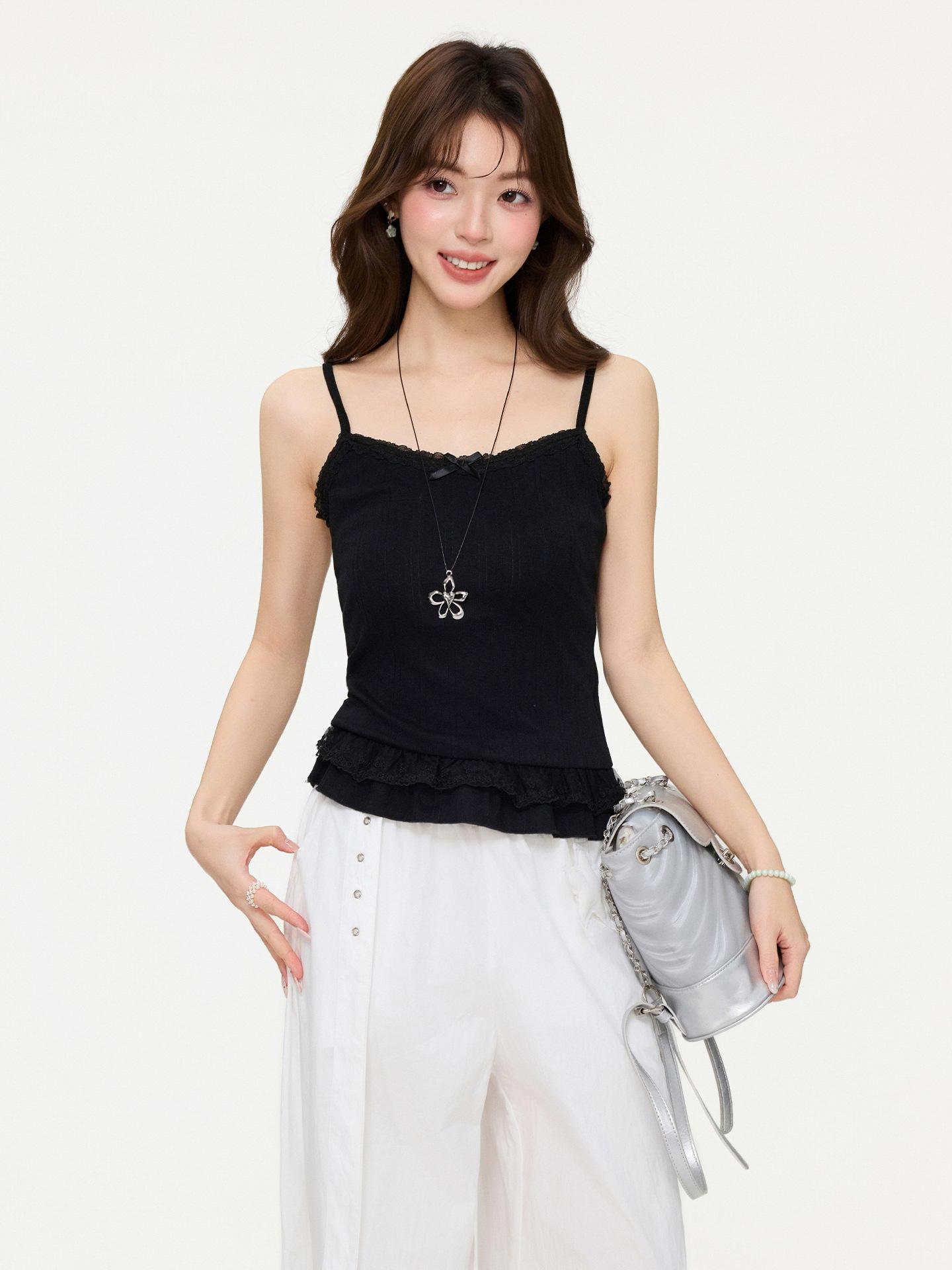 

Pure desire wind bow stacked wear outer sling vest women s spring summer lace hem slim top S чёрный