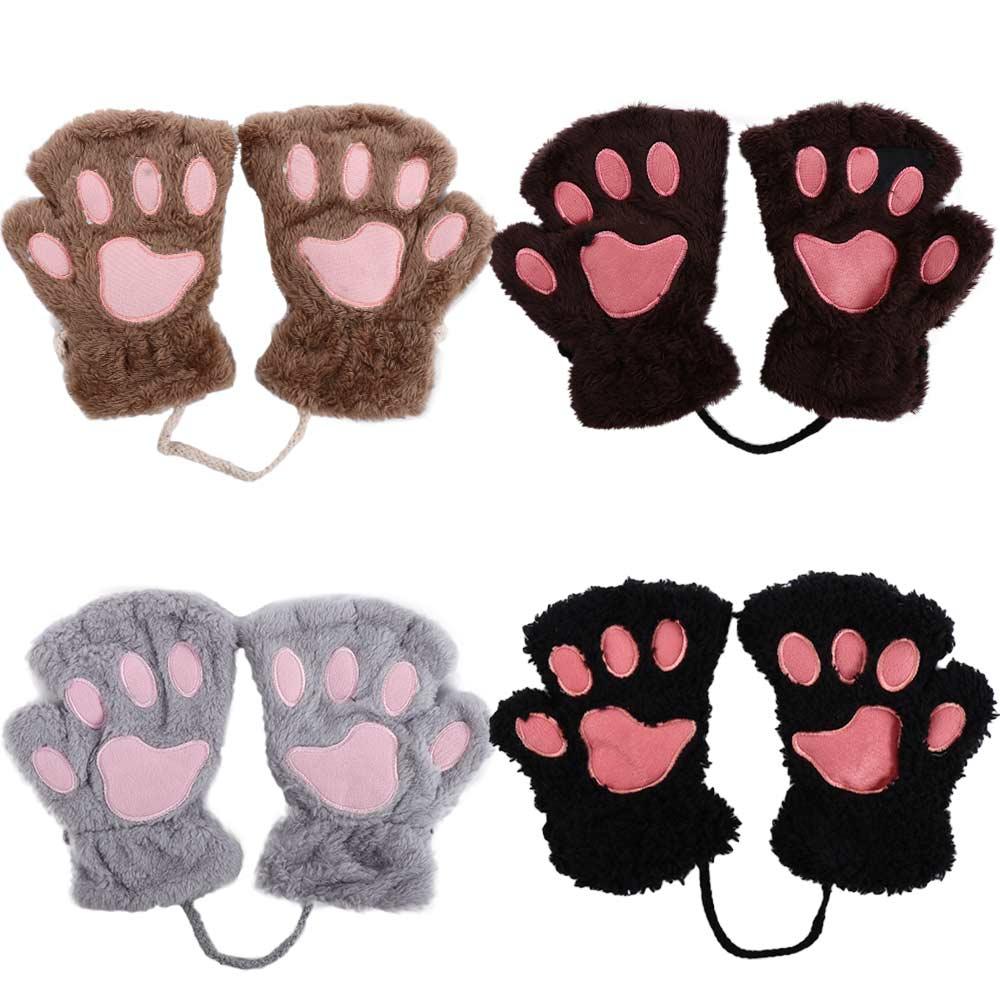Cute Lovely Chic Fluffy Women Multi-color Plush Cat Warm Gloves Winter Bear Paw Fingerless
