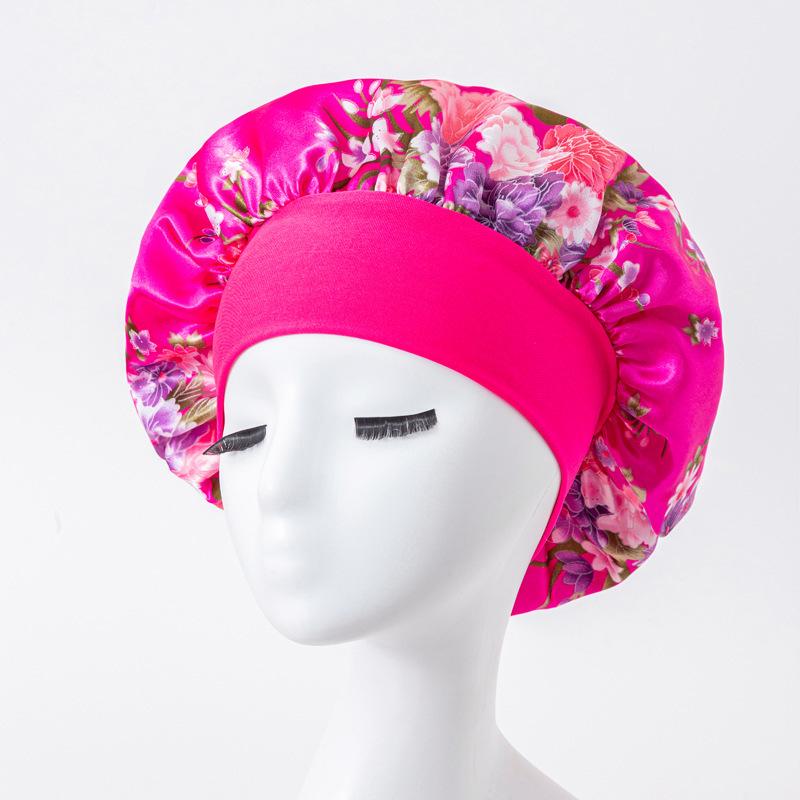 European American Print Satin Sleep Cap - Wide Brim Silky Hair Protection Hat for Women