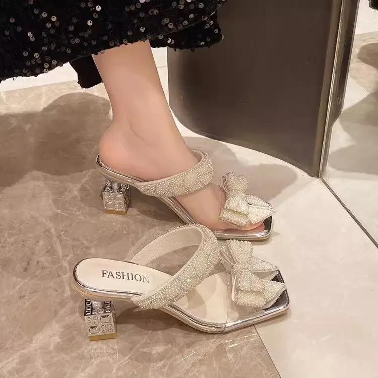 Fashion Fashion Women's Slippers Square Heel One Kick Sexy Bow Tie Sandals for Women Pearl Banquet Extra-shaped Heel Sandalias De Mujer