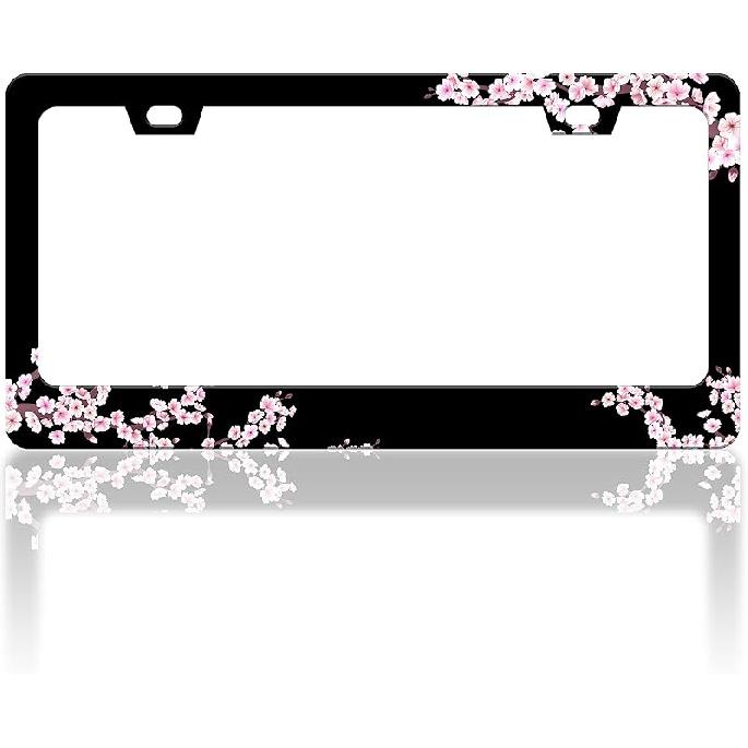 Cherry Blossoms License Plate Frame Beautiful Pink Flowers License Plate Frames Funny Auto Accessory Bracket Stainless Steel License Plate for Women