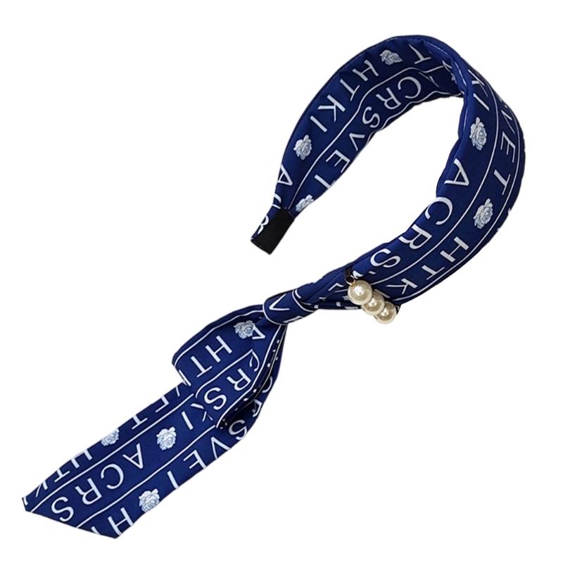 Elegant Wide Hair Band Fabric Hairband With Ribbon Scarf Pearls Detail And French Style Design for Comfort темно-синий