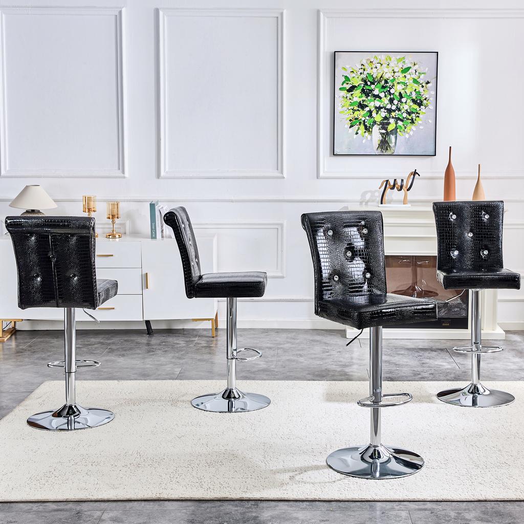 A Set of 2 Black Vintage Crocodile Leather Lift Bar Stools, with Crystal Buckle and Synthetic Leather Design, Add Elegance and Mystery to Dining Area