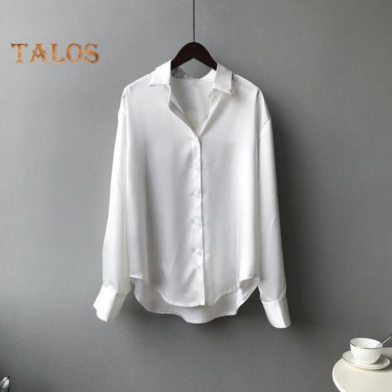 Dámská košile s klopou, dlouhým rukávem, jednoradovým zapínáním, topy, jednobarevná, hladký satén, volný střih, ležérní košile