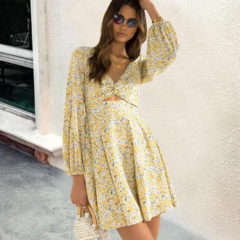 

Весенне-осенние женские платья с принтом и v-образным вырезом, витые платья с длинными рукавами, модные короткие платья XL жёлтый
