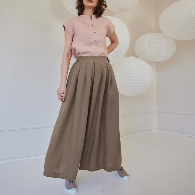 High-Waisted French Retro Linen-Cotton Wide-Leg Cropped Pants with Crinkled Texture