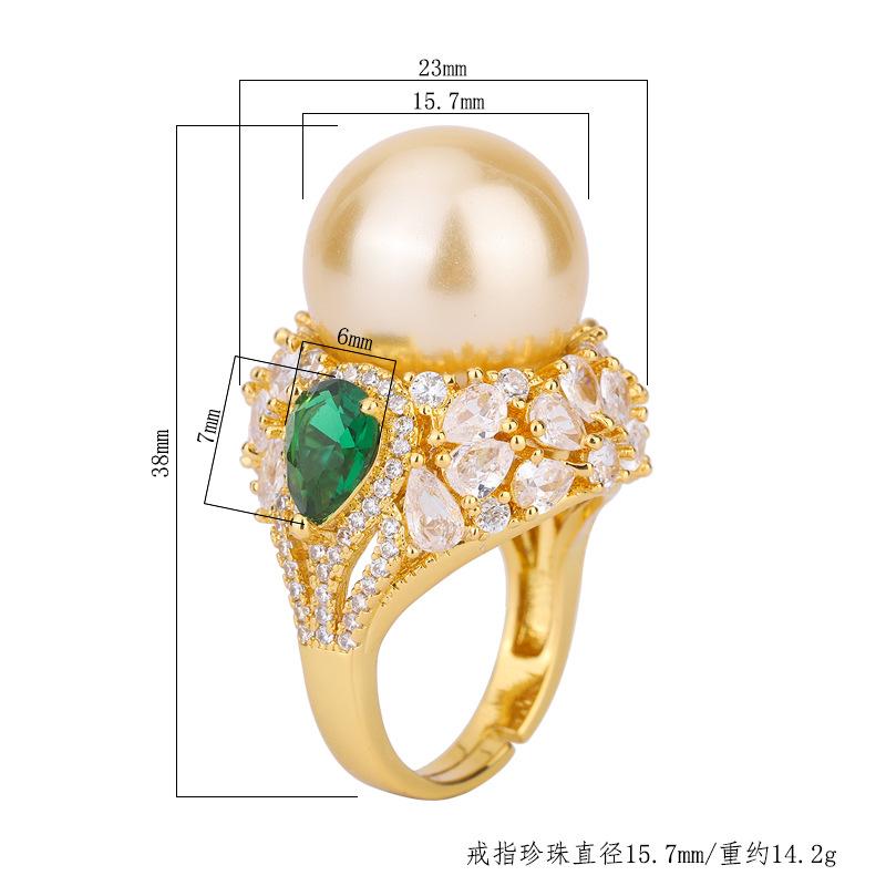 New inlaid gold white bead light gold retro fashion diamond ring 16mm