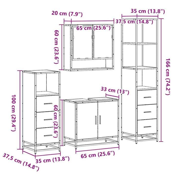 VidaXL Ensemble de meubles de salle de bain 4 pcs chêne sonoma, armoire de salle de bain, armoire de rangement de toilette, 3301276