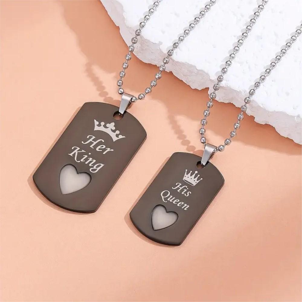 Collana con Ciondolo a Forma di Cuore d'Amore Luminoso in Acciaio Inossidabile, Corona 'Il Suo Re & La Sua Regina', per Donna, Coppia, Gioielli, Regali