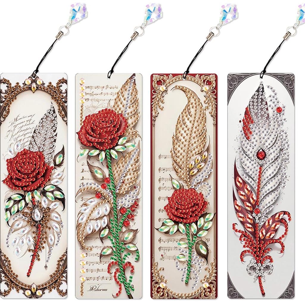 4Pcs Special Shape Beautiful Feathers 5D DIY Diamond Painting Bookmark DIY Bookmarks Diamond Painting Kits for Adults Beginners
