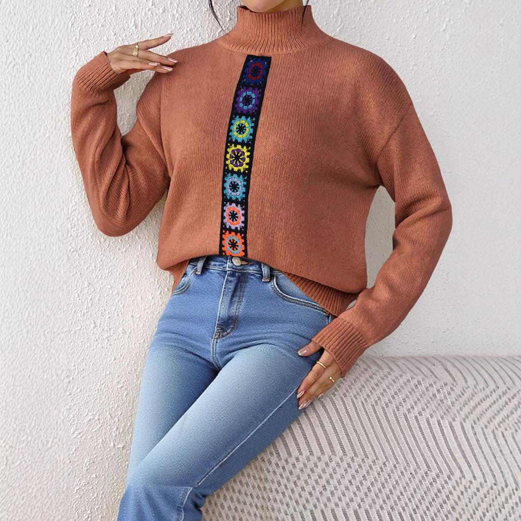 Personalized Patchwork Top, Semi-high Neck Pullover Sweater for Women