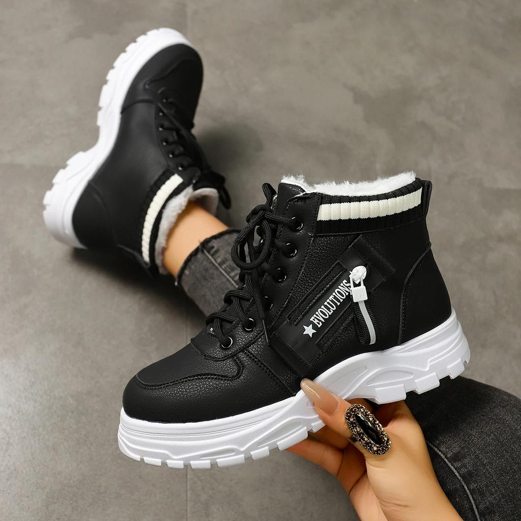Women Sneakers 2025 New Cotton Soft Sole Boots Fashion Round Toe Lace-Up Sneakers Non-Slip Wear-Resistant Plush Shoes for Women