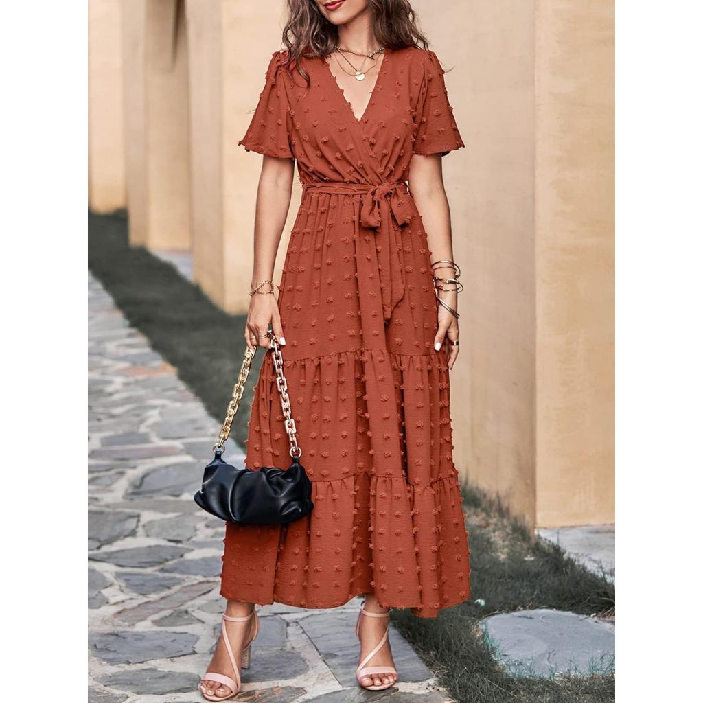 New Boho Swiss Dot Maxi Dress for Women, V Neck Flowy Short Sleeve Tie Waist A Line Long Dress