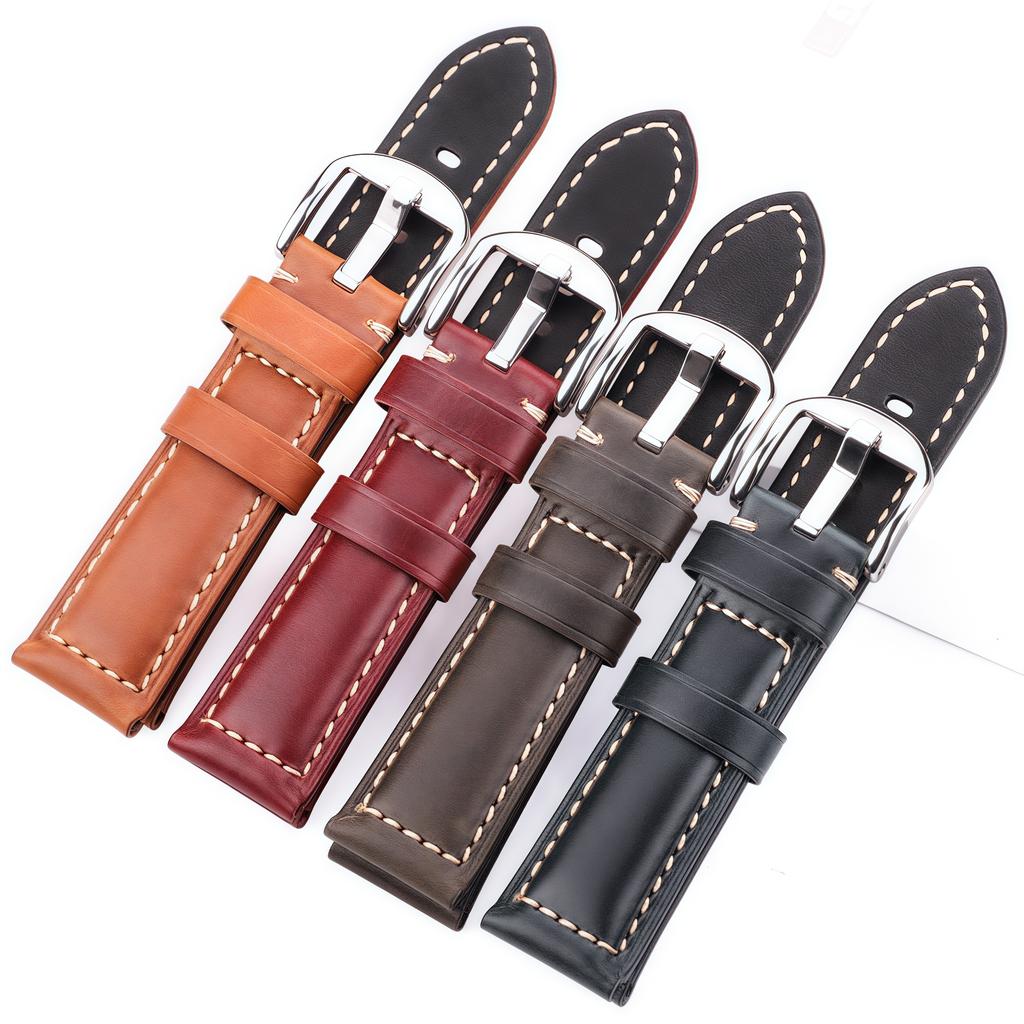 20mm 22mm 24mm 26mm First Layer Oil Wax Cowhide Padded Leather Watch Strap Screw-in Stainless Buckle Vintage Style Band