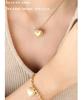 Trendy European & American Couples Peach Heart Necklace & Bracelet Set, Titanium Steel, 18K Gold Plated, Round Bead Chain.