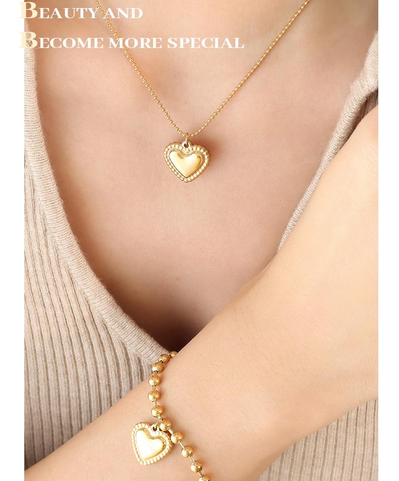 Trendy European & American Couples Peach Heart Necklace & Bracelet Set, Titanium Steel, 18K Gold Plated, Round Bead Chain.