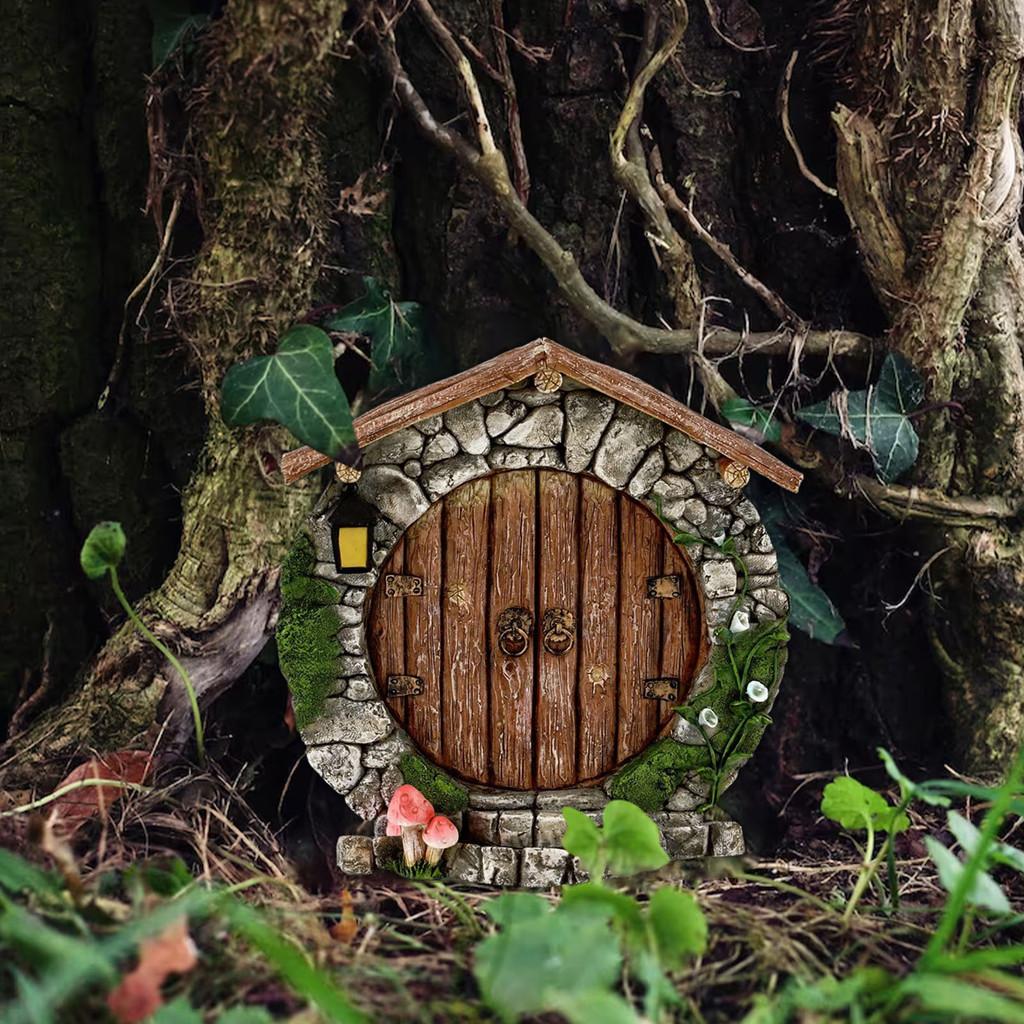 Garden Fairy Door Decoration With Wooden Tree Design For Outdoor Yard Decor