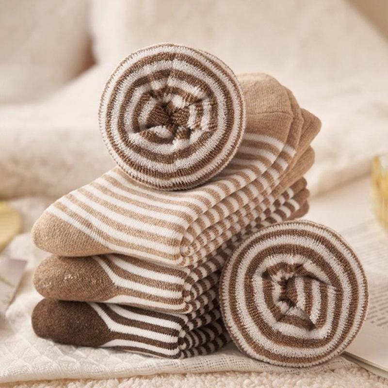 Retro Striped Women's Plus Velvet Mid-Calf Socks - Thick Terry Loop for Autumn/Winter Warmth