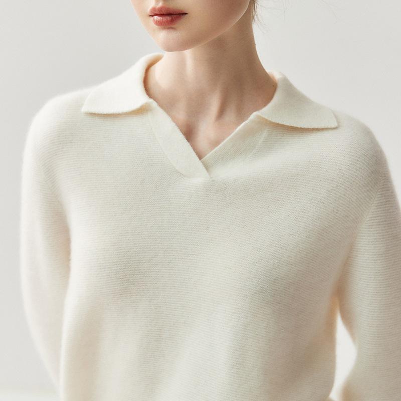 Women's High-End Cashmere Wool Polo Collar Sweater - Autumn Winter Loose Knitwear Base Layer