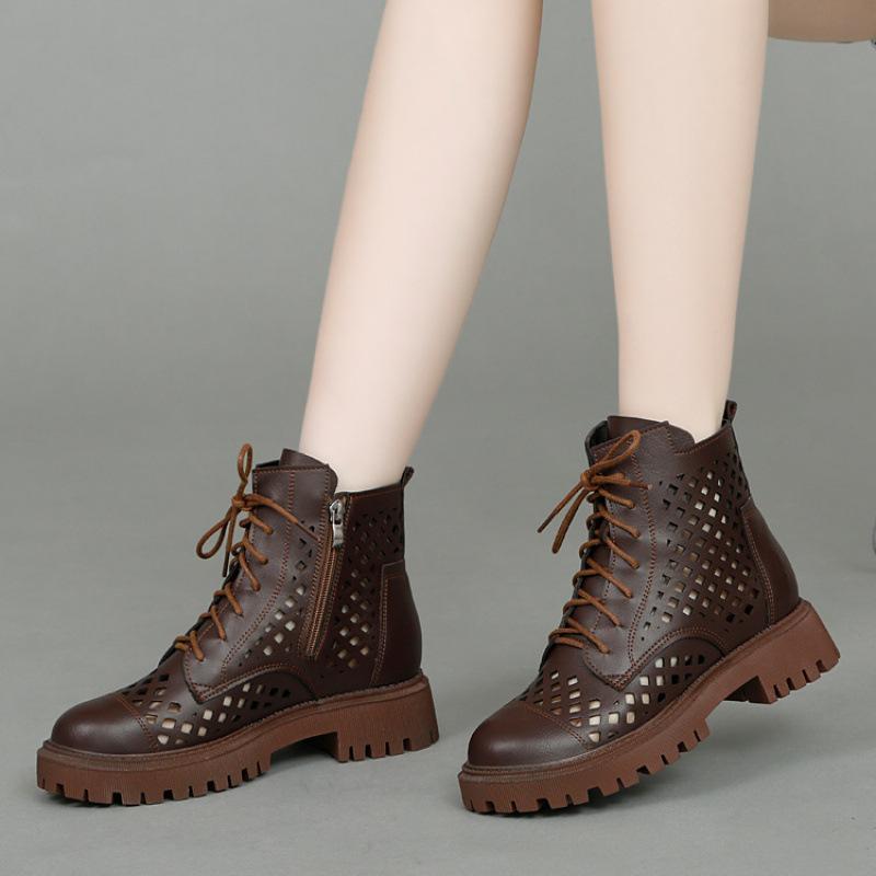 Leather hollow Martin boots women's sandals 2025 summer new women's shoes popular short boots breathable mesh hole shoes