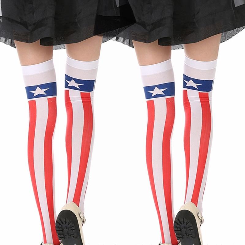 Women American Flag Star Striped Printed Over Knee Long Socks Thigh High Stockings for Independence Day Cosplay Costume