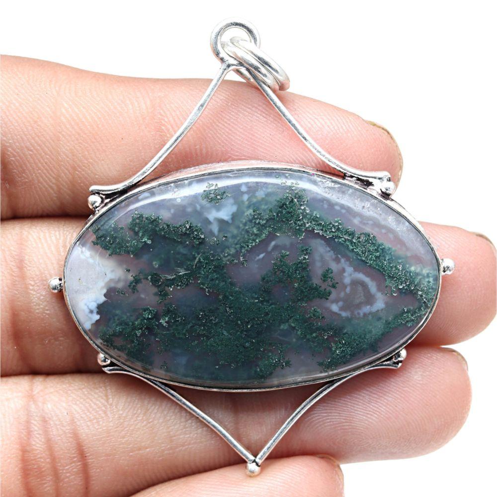 Colar Ágata Musgo Gemstone Feito à Mão Jóia de Prata Antiga 2,25"