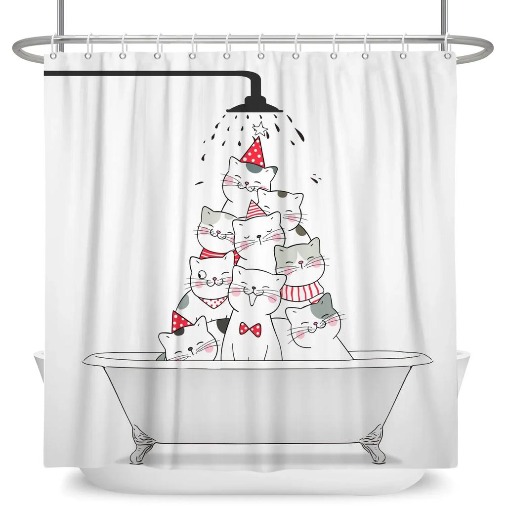 Funny Cat Shower Curtain Cartoon Cute Cats Dog Kids Shower Curtain for Bathroom Waterproof Polyester Home Decor Shower Curtains