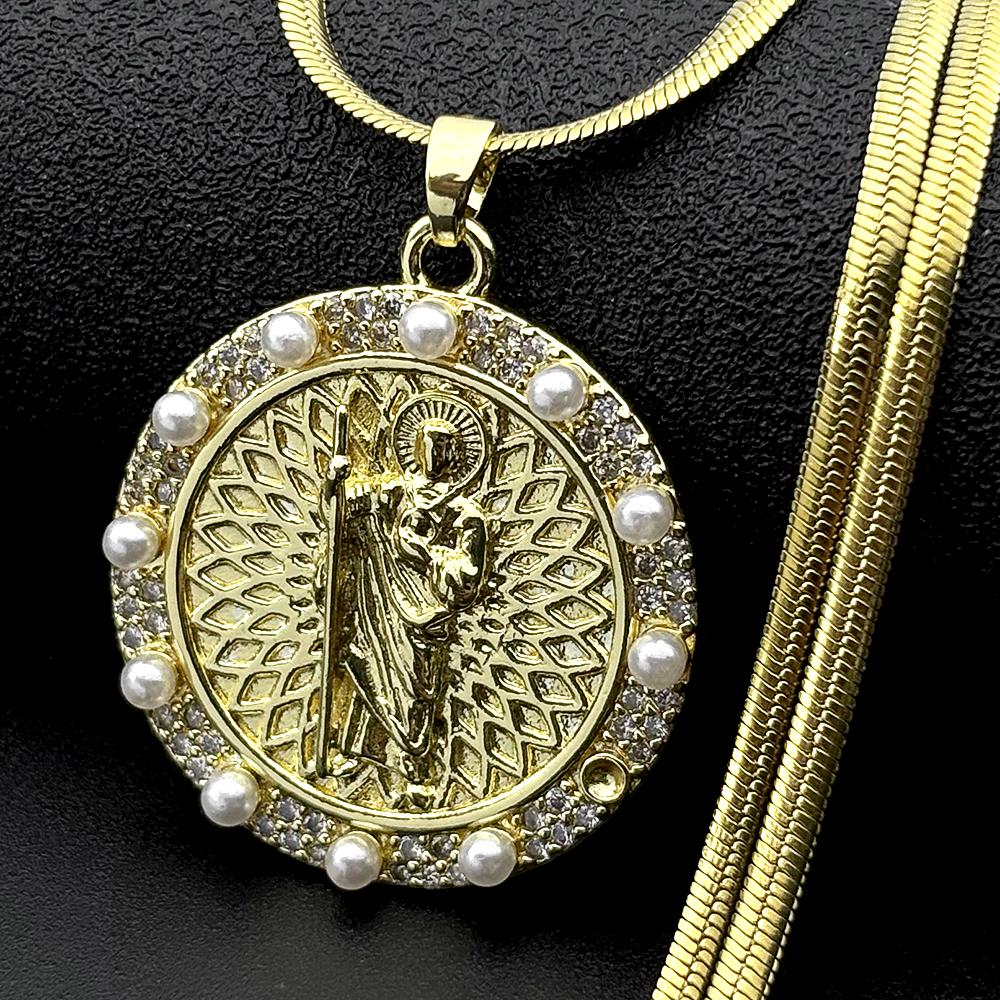 San Judas Tadeo Pray for Us Medal Zircons Copper Pendant Necklace Stainless Steel Pearls Saint Jude Thaddeus Faith Jewelry Gift
