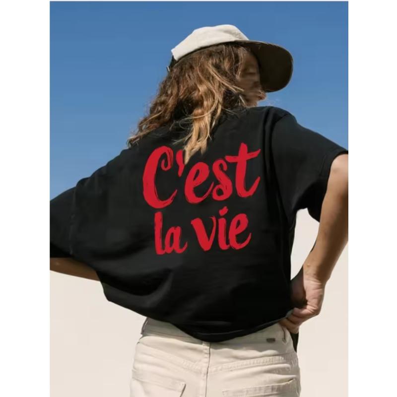 

Womens Casual ShortSleeve TShirt with Red Cursive Cest La Vie Print on Black Round Neck Top Comfortable All Season Y2K Shirt S