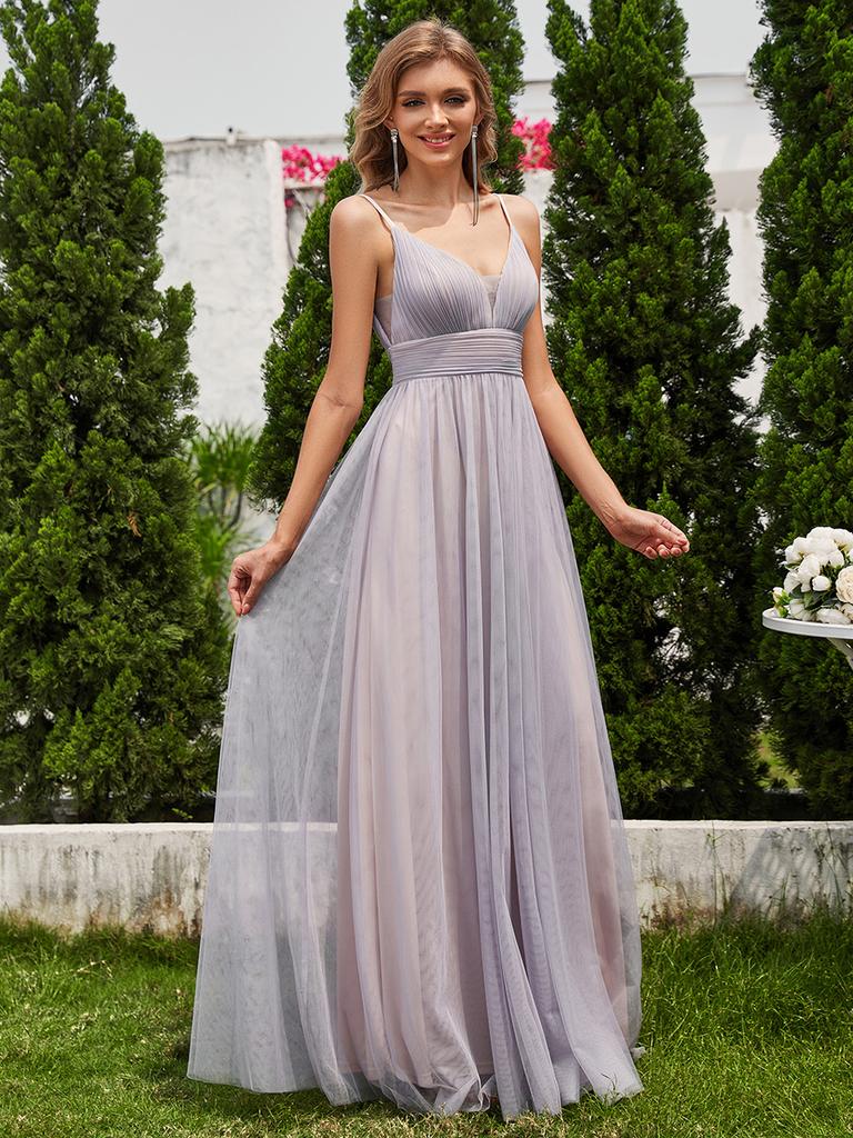 Ever-Pretty Women's Deep V-Neck See-Through Empire Waist Backless A-Line Pleated Tulle Bridesmaids Dress