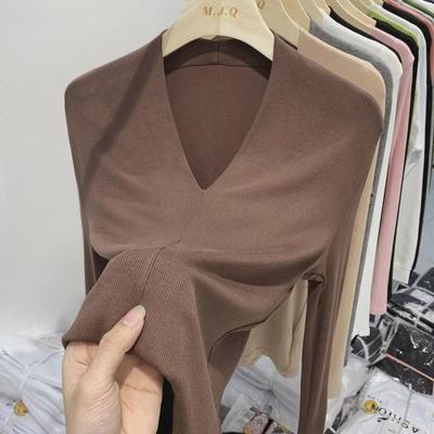 2023 Spring & Autumn V-Neck Slim Fit Elastic Top - Sexy, Versatile, and Stylish