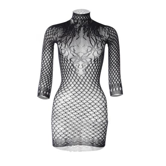 Women's Long Sleeve Bodycon Mini Dress Mock Neck Hollow Out Sheer Mesh Cover Up Dress Backless Erotic Clothes