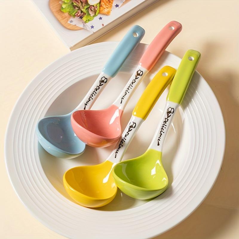 4pcs, Soup Spoon, Ceramic Soup Spoon, Cute Ceramic Soup Spoon, Kitchen Soup Spoon With Long Handle, Hangable Soup Spoon For Noodles, Kitchen Stuff