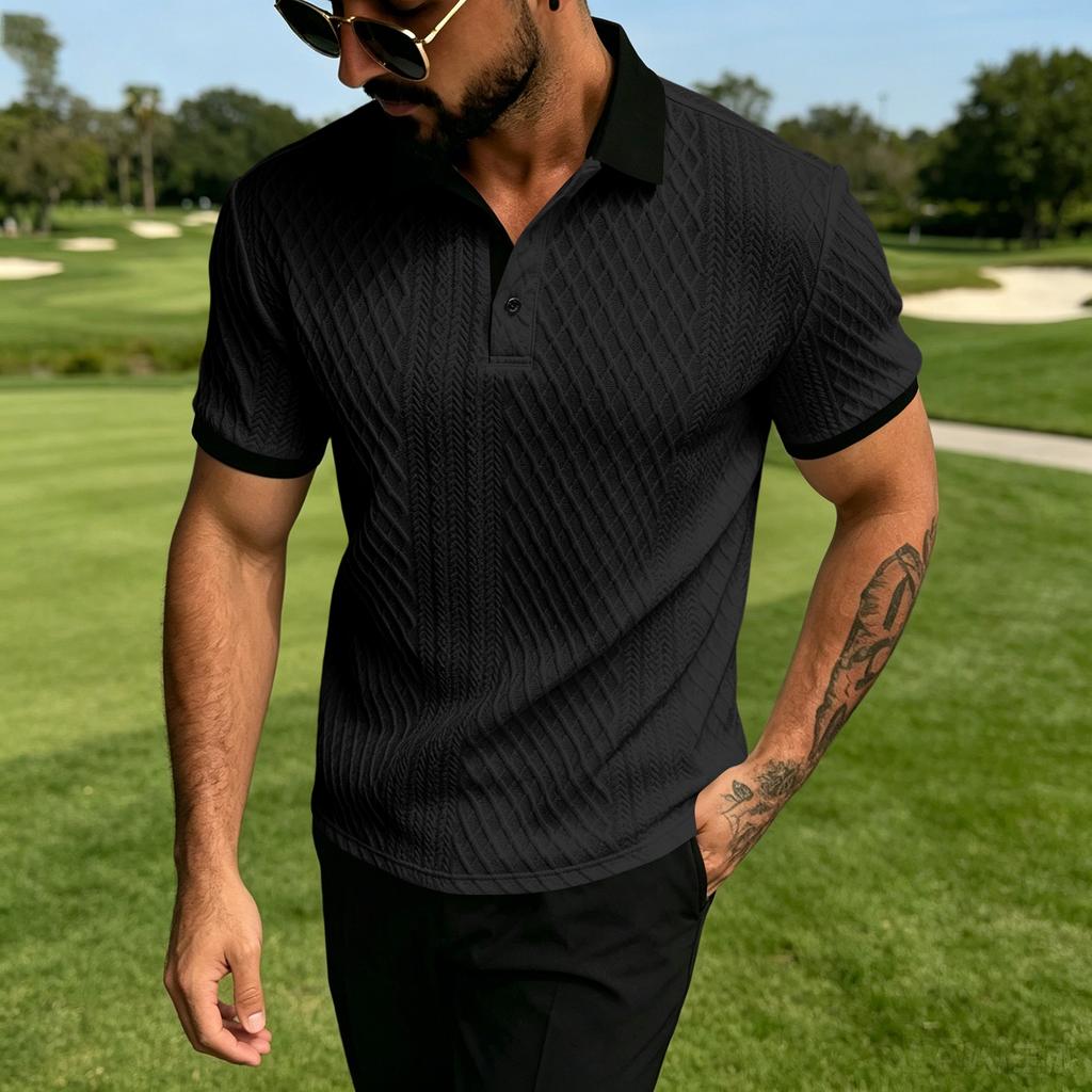 Men's Casual Loose Fit Jacquard Short Sleeve Polo Shirt with Button Collar and Textured Knit Pattern for Everyday Wear