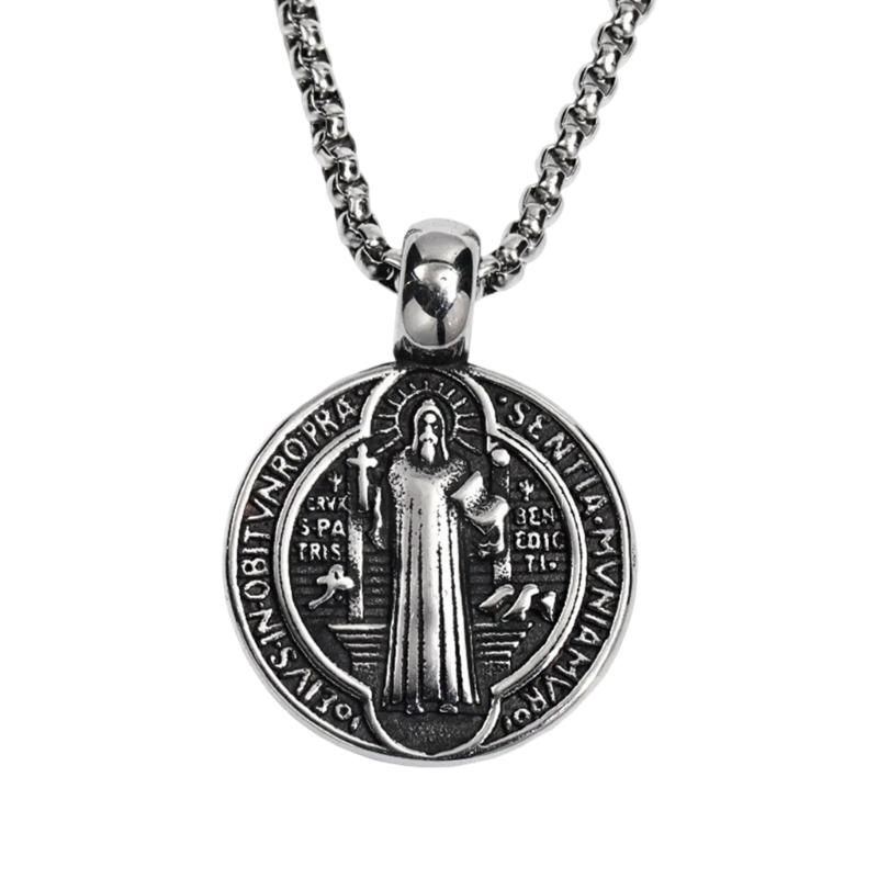 Men Necklace with Double Sided Saint Benedict Symbol Retro Religious Neckchain Alloy Clavicle Chain Fashion Accessory