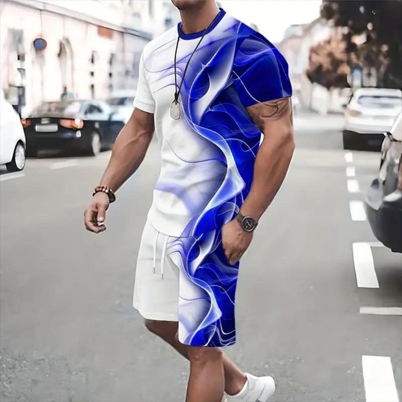 Summer Fashion Casual Men's Suit Gradient 3D Printed Sportswear Short-sleeved Suit Oversized Round Neck T-shirt Shorts 2-piece