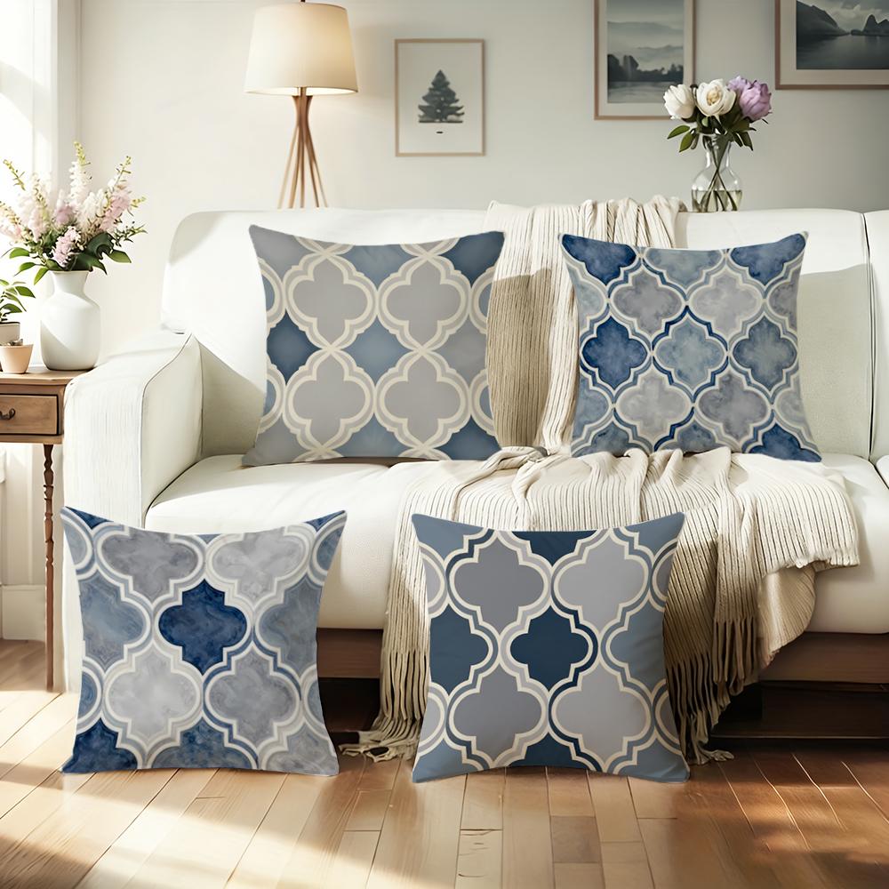 Blue and Gray Geometric Pattern Doublesided Printed Pillow Cover Short Plush Suitable Living Rooms Bedrooms Throw Cushion Cover