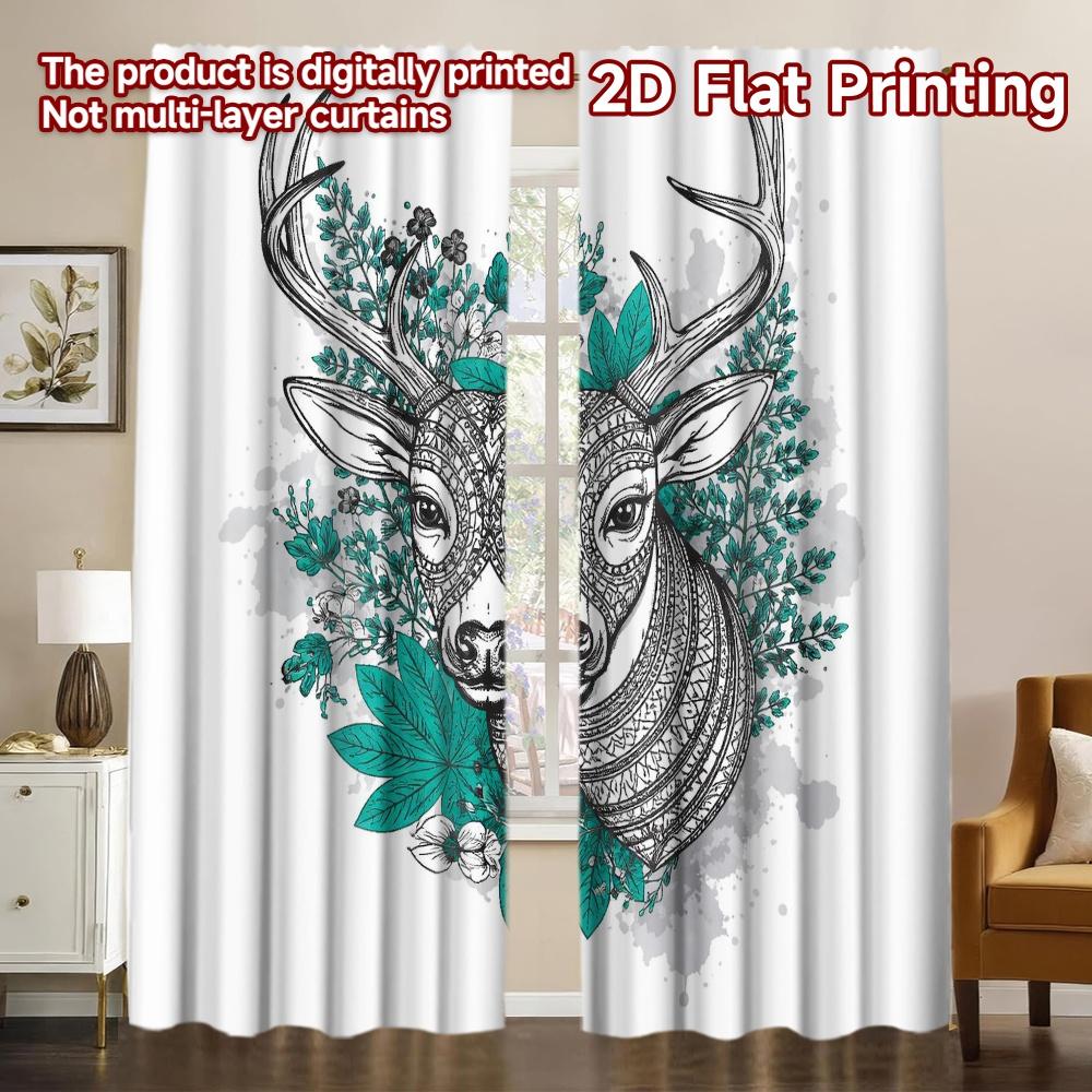 2D FLAT PRINTING 2pcs Curtains (Without Rod) Deer with Floral Antlers Modern Fashionable Curtains 100% Polyester Curtains
