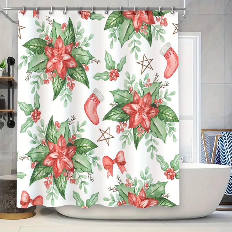 

Christmas Shower Curtain With Red Flowers Green Leaves Xmas Stockings Bowknot Holiday Bathroom Decor Waterproof Curtains White B W60H190(CM)-1 Pcs