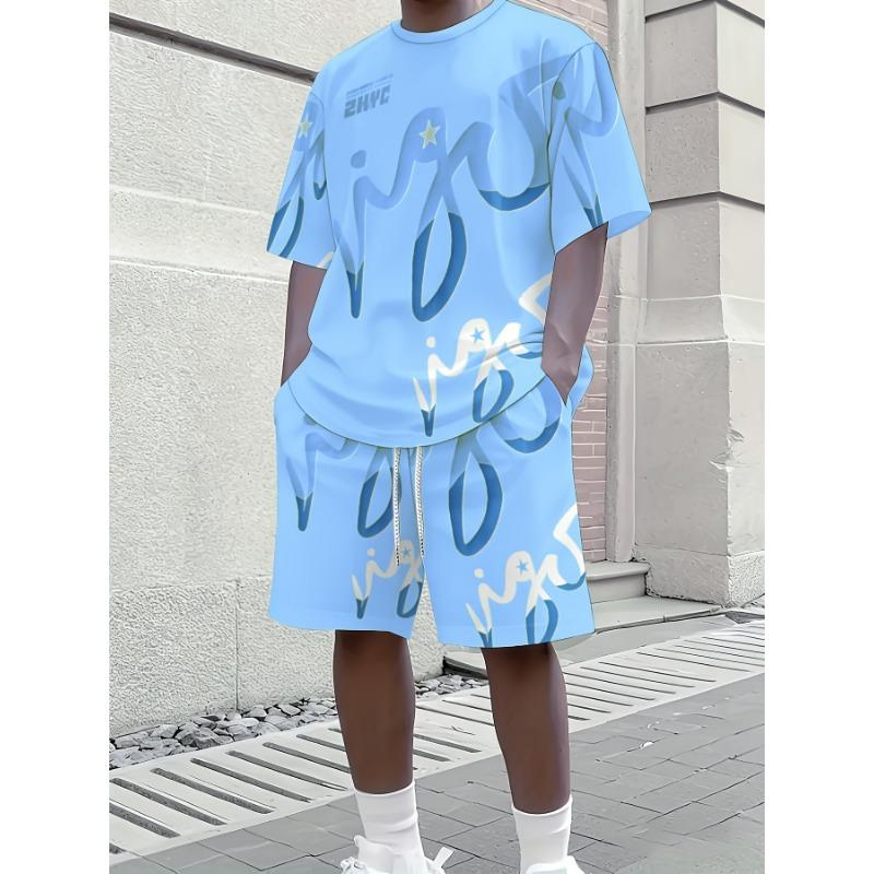 Men's 3D Digital Print Casual Short Sleeve and Shorts Set - Summer Print Set, Suitable for Running