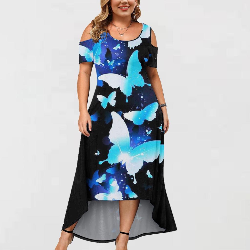 Kurzärmliges Kleid mit Rundhalsausschnitt, unregelmäßigem Saum und modischem Aufdruck für Damen in Übergröße