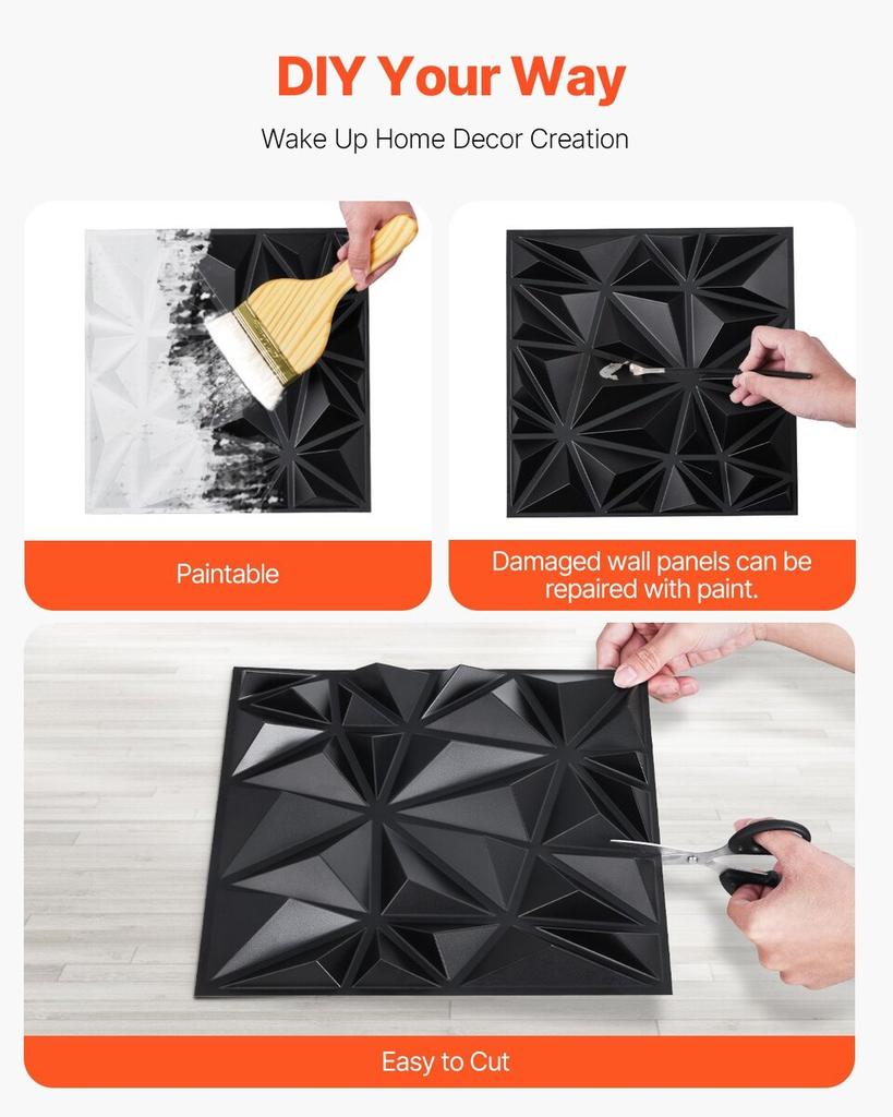 3D Wall Panels 33-Pack 11.81x11.81'' PVC 32 Sq.Ft Coverage Diamond Black
