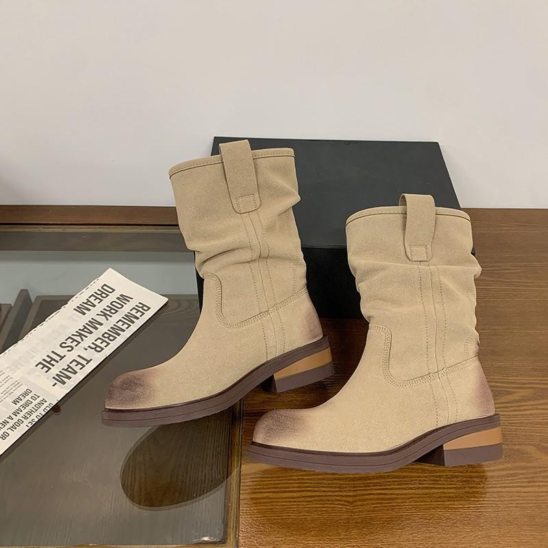 Vintage Maillard pleated short boots women's autumn new western cowboy boots wasteland wind tube stacking boots
