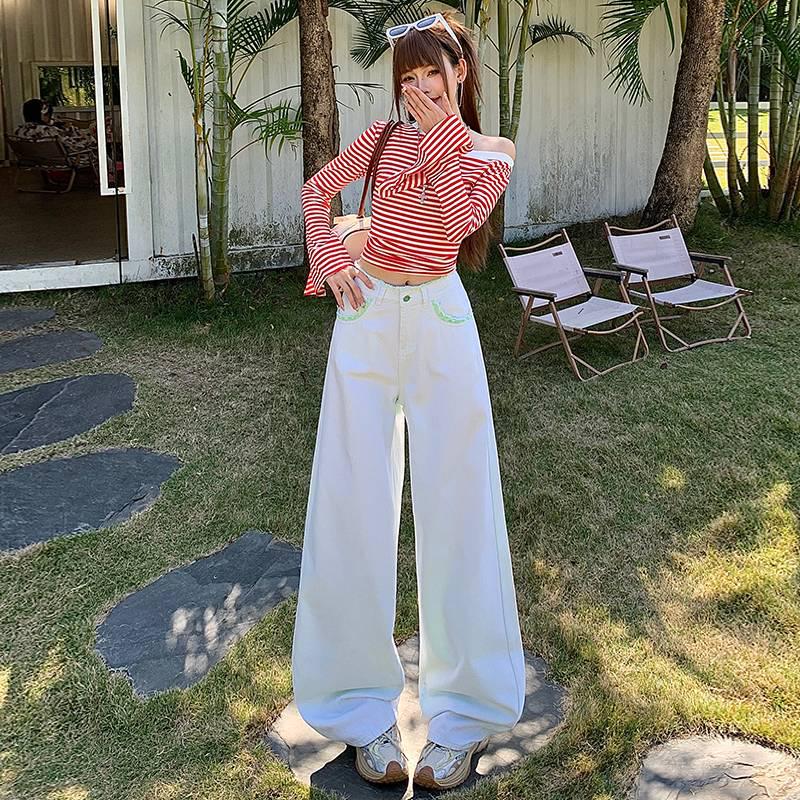 Women s High-Waisted Wide-Leg Pink and Green Jeans S