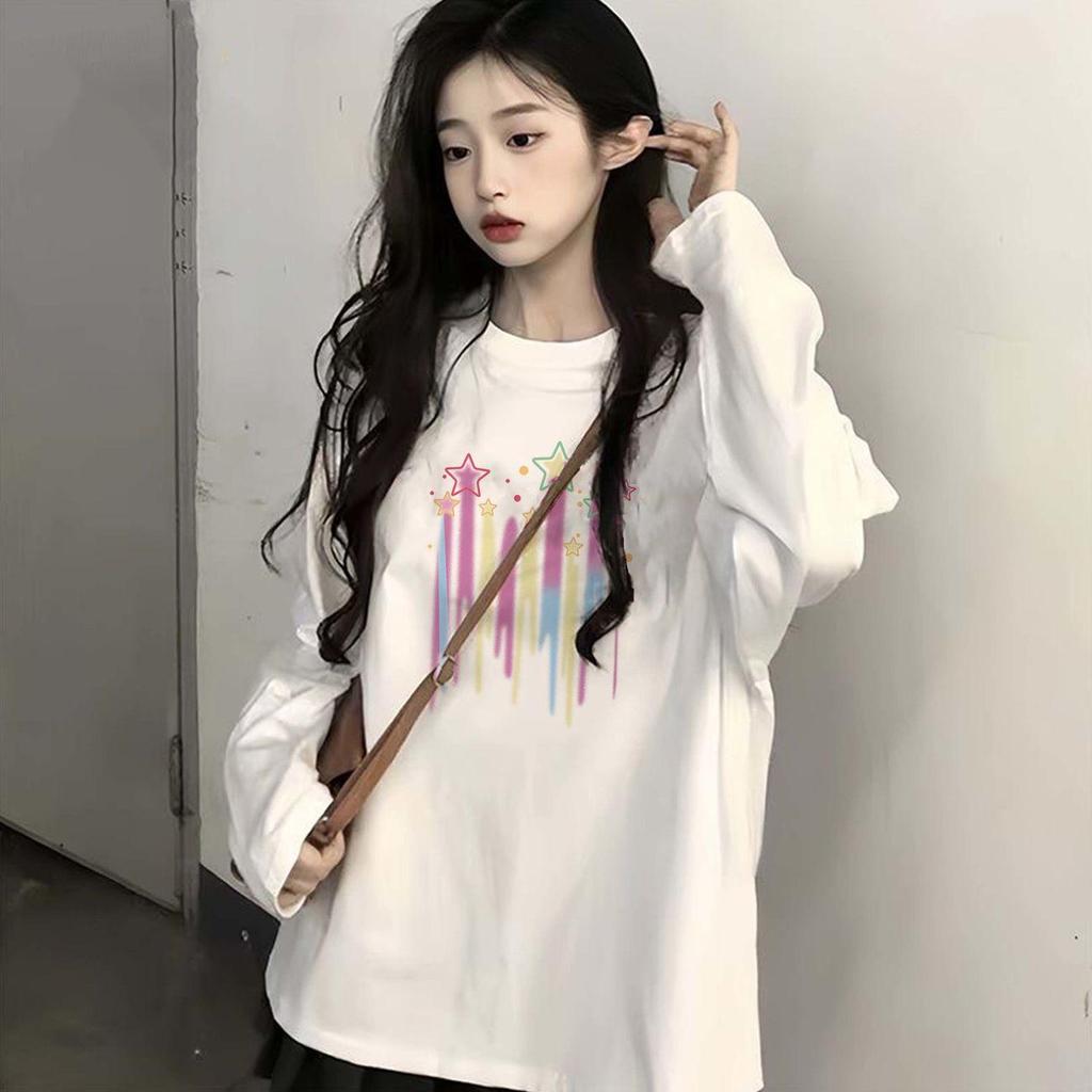 Women's Versatile Cotton Long Sleeve Crew Neck Printed Top - Loose Fit for Spring and Autumn 2025