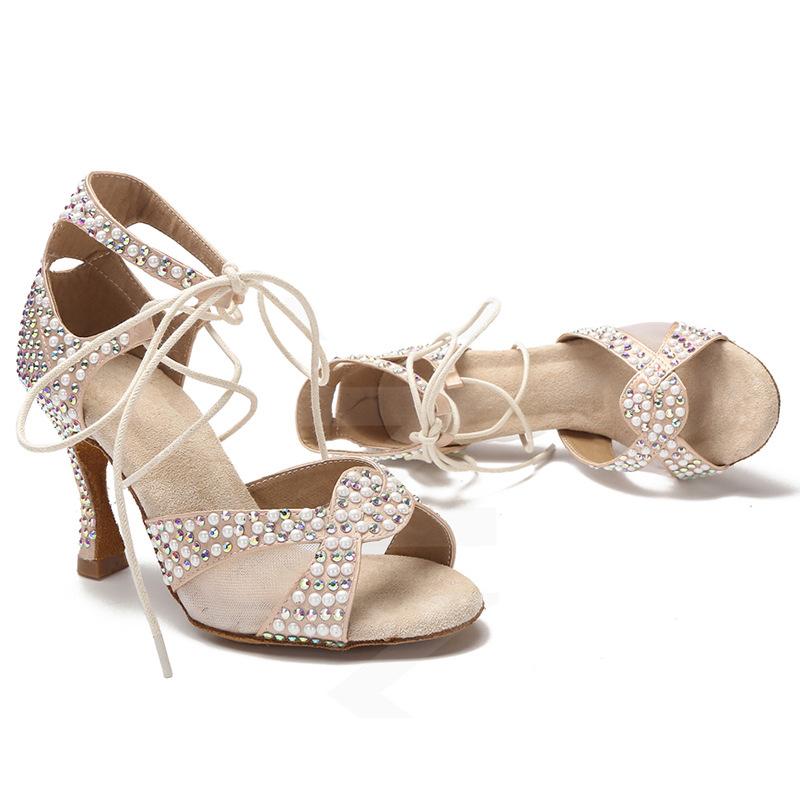 Mesh Studded Diamond Latin Dance Shoes for Adult Women Strap High Heels Professional Soft Soled Social Dance Shoes