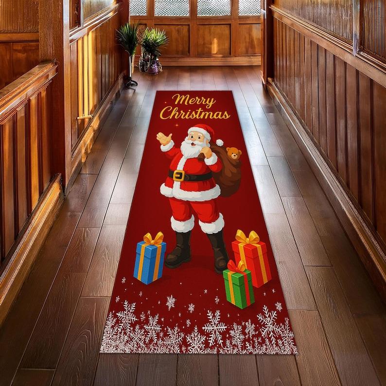 Santa Claus Runner Rug – Merry Christmas Red Holiday Carpet with Presents & Festive Snowflake Border Home Decoration